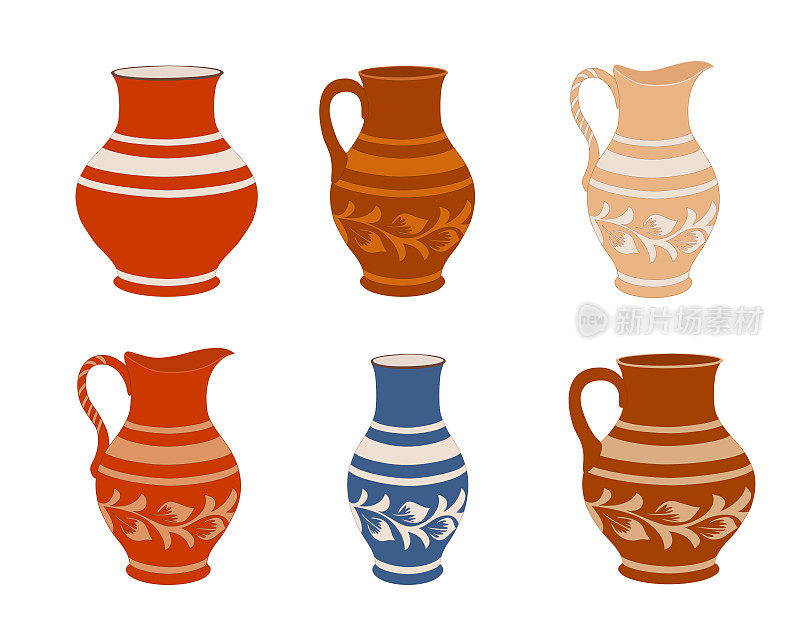 Set of ceramic crockery. Collection jugs in different variation. Rustic pottery utensils, colorful vector illustration.